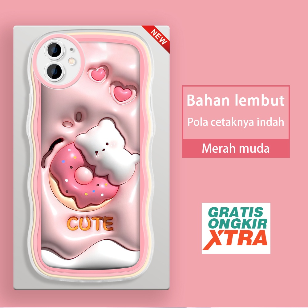 Apple iPhone 12 13 14 Plus Mini Pro Max  Casing Ponsel  Pola Kelinci Cinta Donut 3D  warna-warni gel
