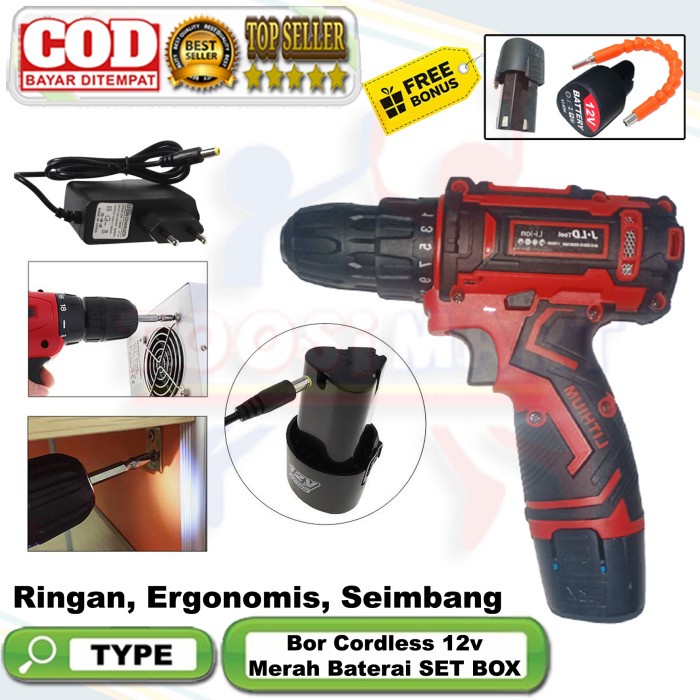 ✅COD Mesin Bor Tangan Cordless 2 Batrai 12Volt Bor Portable Murah Diskon