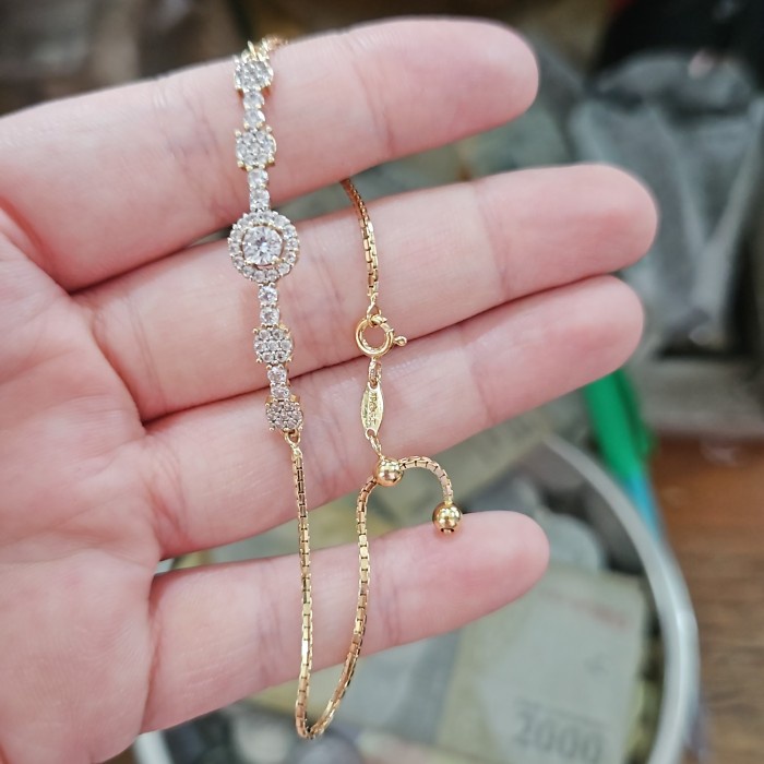 ✨Sale Gelang Serut Listring Plat Permata Putih Emas Asli 375 8K Muda Diskon