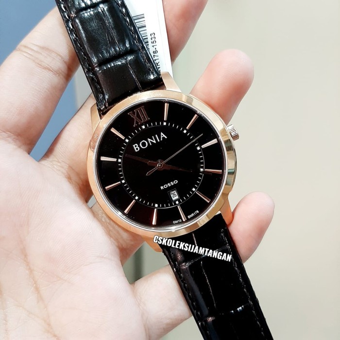 ✨Ready Jam Tangan Pria Bonia Rosso Bnr176-1533 Rosegold Black Leather Origina Diskon