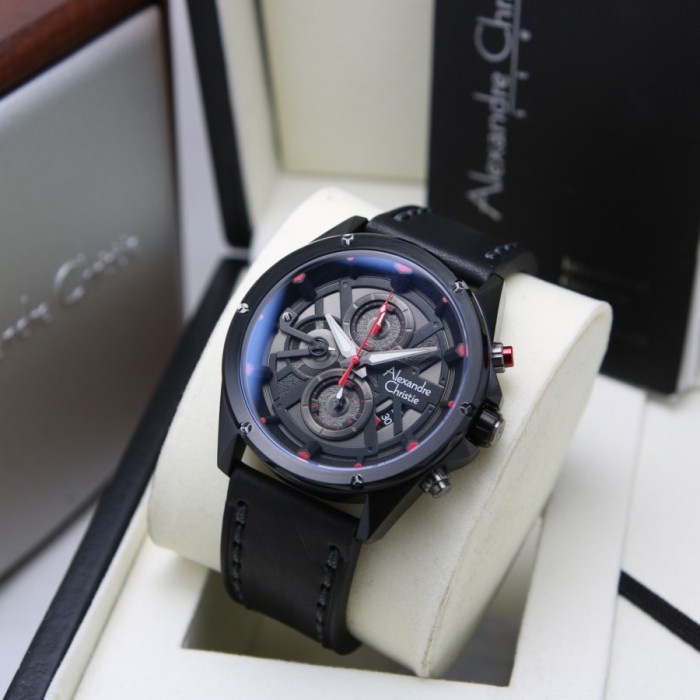 ✨Ready Jam Tangan Pria Alexandre Christie Ac 6620 Original Kulit Black Red Limited