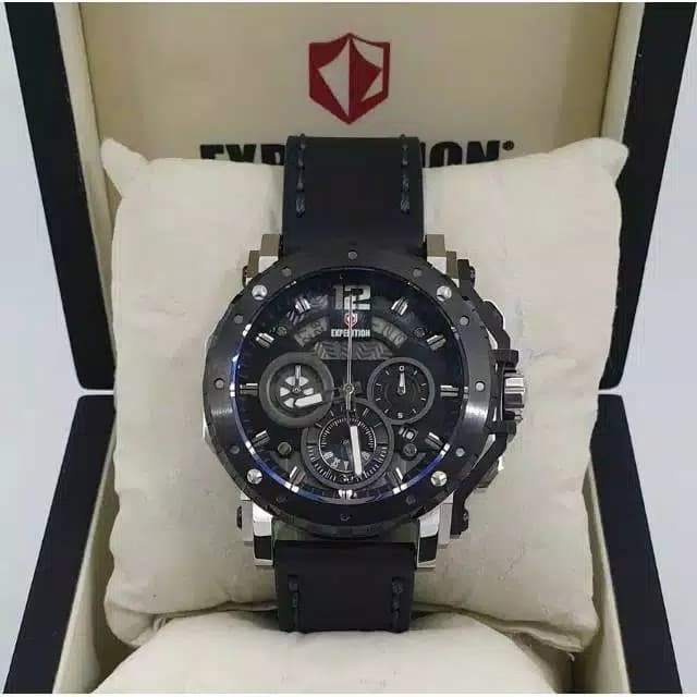 ✨Ready Expedition E6402 E 6402 Man Silver Black Leather Black Jam Tangan Diskon