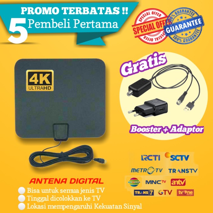 ANTENA TV DIGITAL + ADAPTER + PENGUAT SINYAL BOOSTER LED ANTENNA INDOR