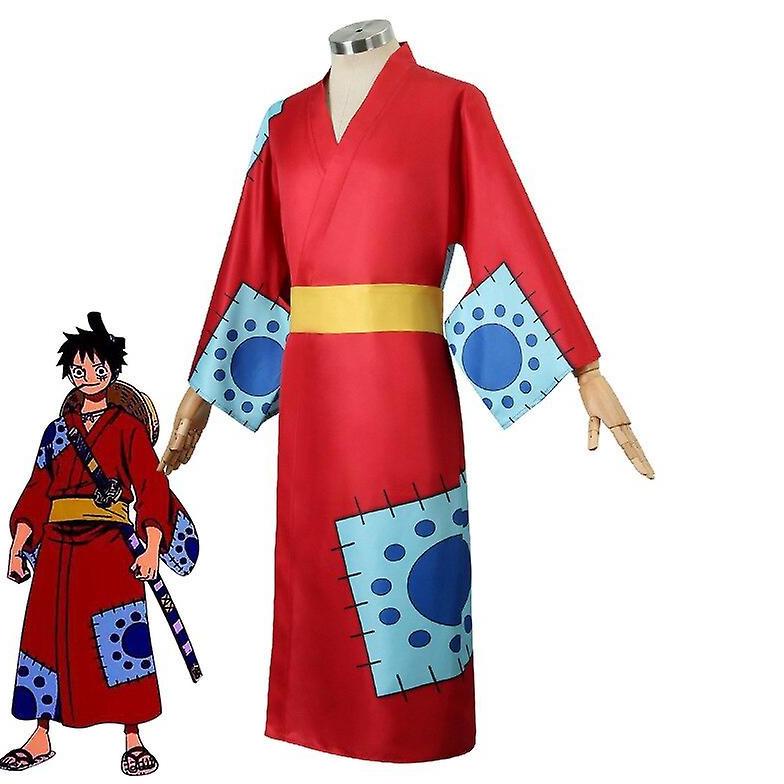 READY Kostum One Piece Monkey D Luffy Wano Country Arc Cosplay Costume Hat Kimono Yukata Outfit Hall
