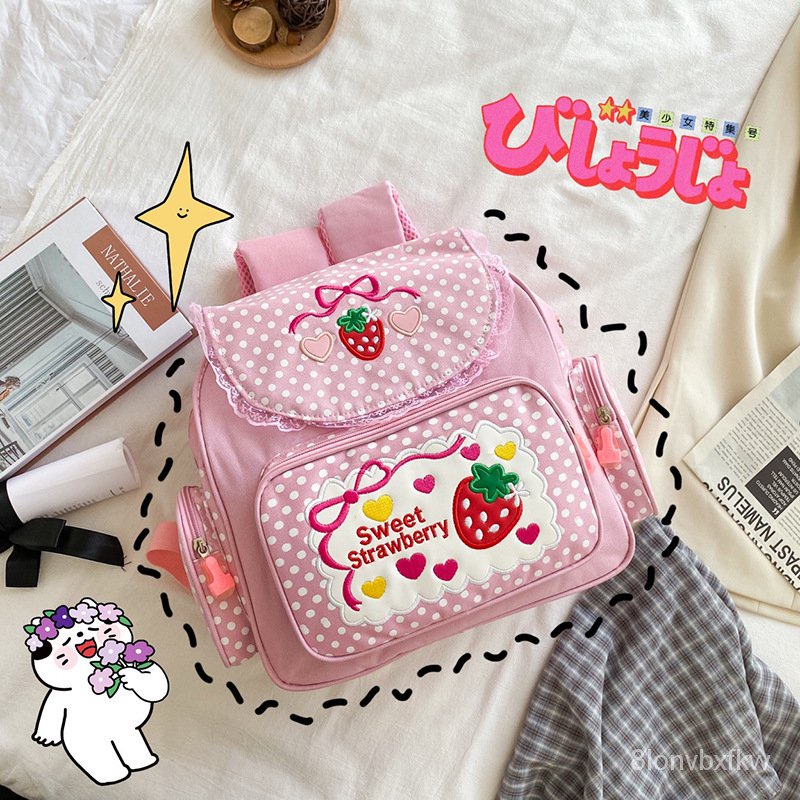 

Japanese StyleinsGirly Girl Sweet Lady Cute Embroidered Fruit Strawberry Lace Girl Student Backpack Schoolbag Female
