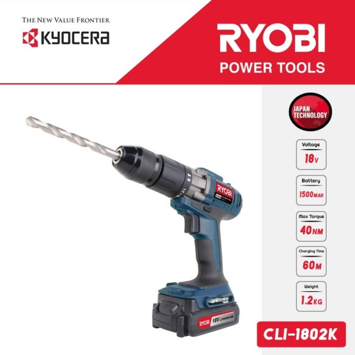 ✅Baru Mesin Bor Genggam Tanpa Kabel Cordless Impact Drill Cli-1802K Ryobi Diskon