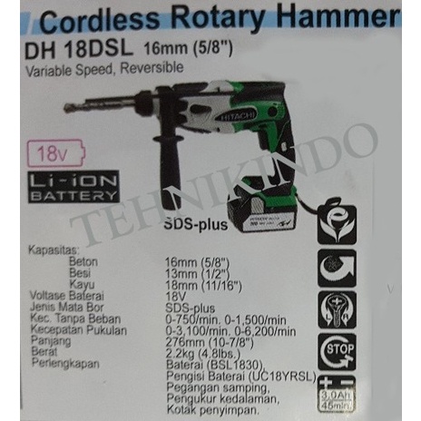 [Original] Mesin Bor Hammer Tanpa Kabel / Cordless Rotary Hammer Hitachi Dh 18Dsl Terbaru