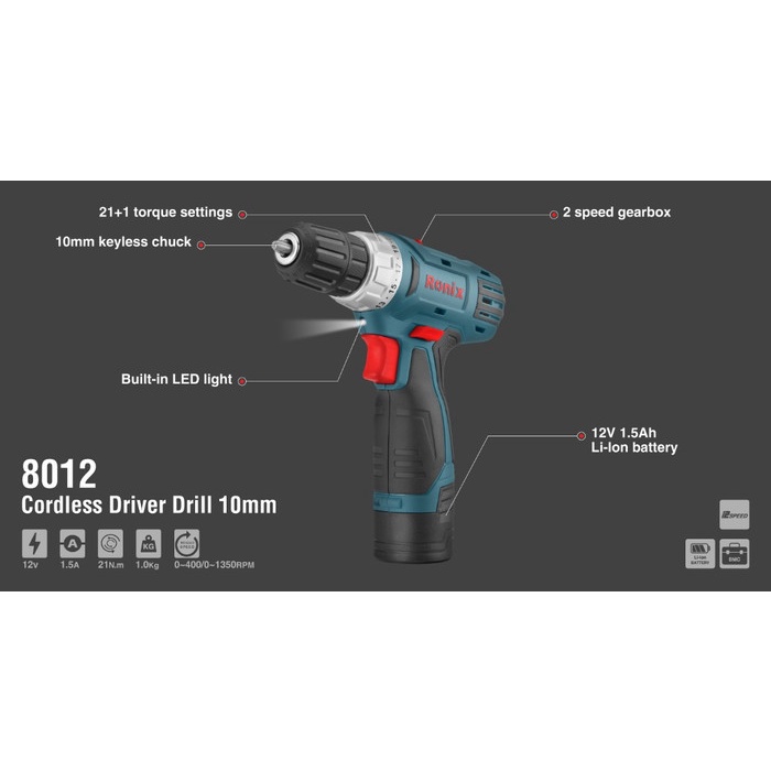 ✅Baru Ronix Model 8012 12V Li-Ion 1.5 A Cordless Driver Drill Machine Terbatas