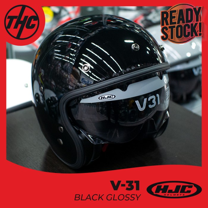 ✨Termurah Helm Hjc V31 Black Glossy Vintage Half Face Helmet Diskon