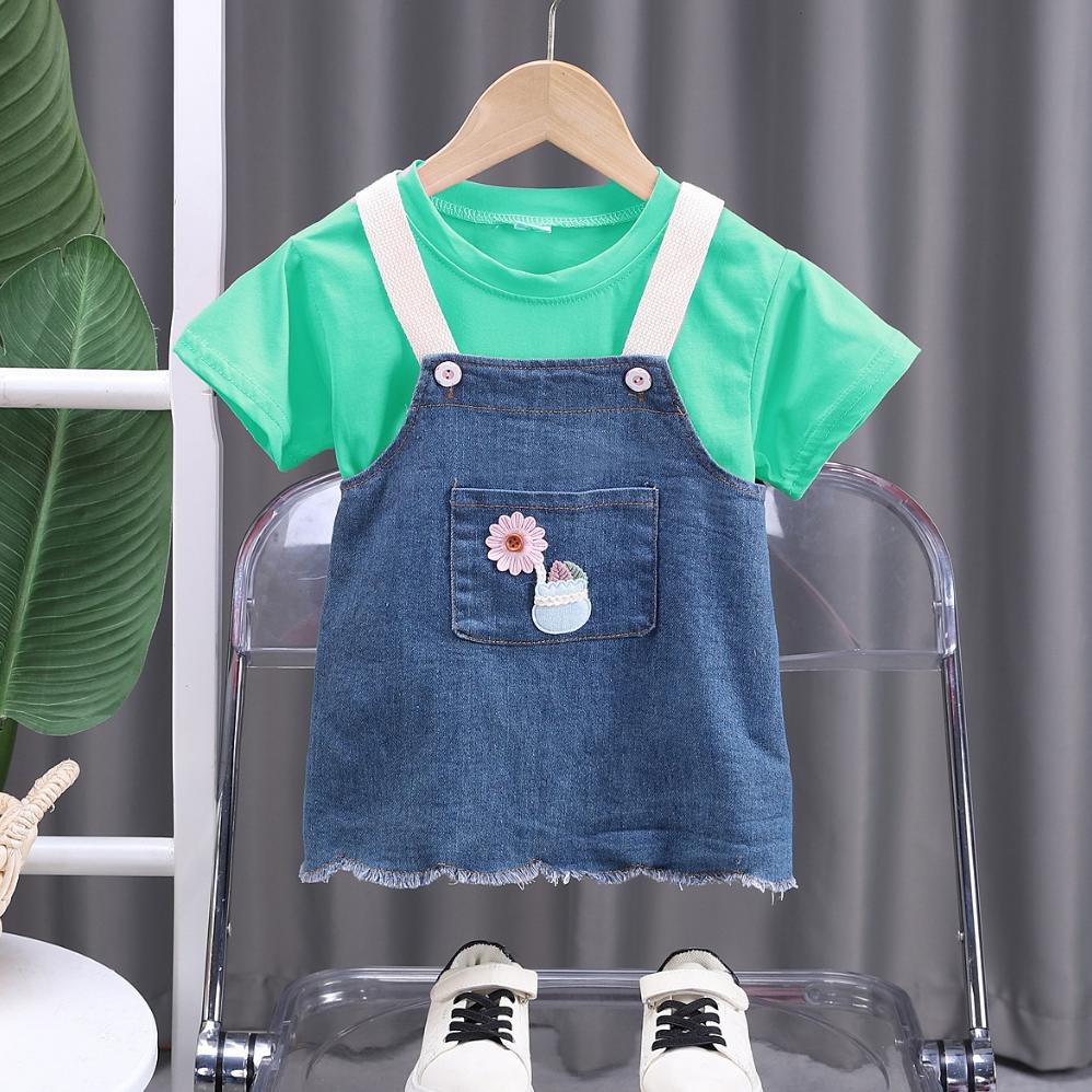 Flash Sale anak bayi setelan  merah perempuan baju kodok jins anak perempuan baju kodok 2in1 rok jin
