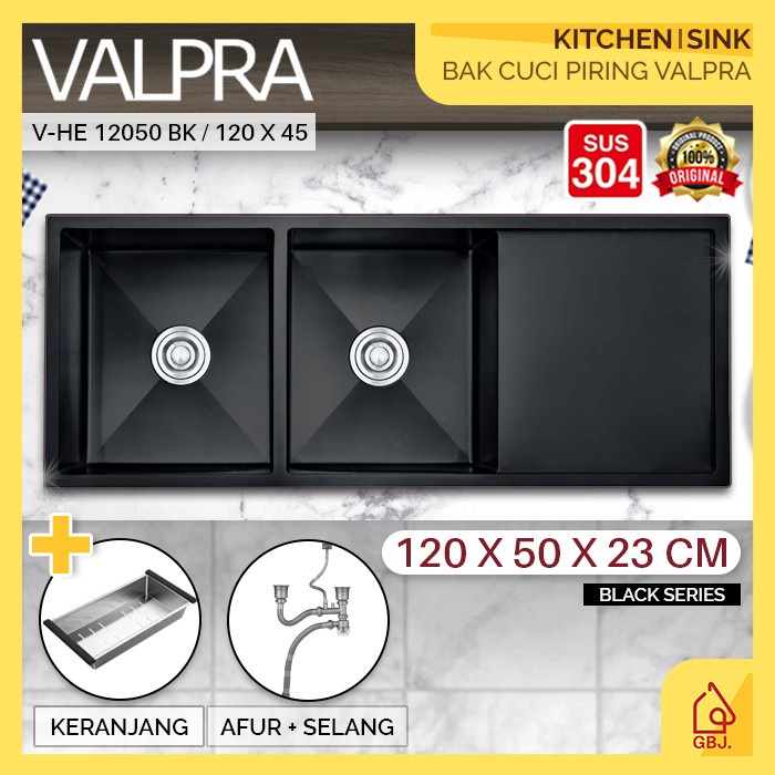 BAK CUCI PIRING 2 LUBANG VALPRA 120X50 SUS304 BLACK KITCHEN SINK 12050