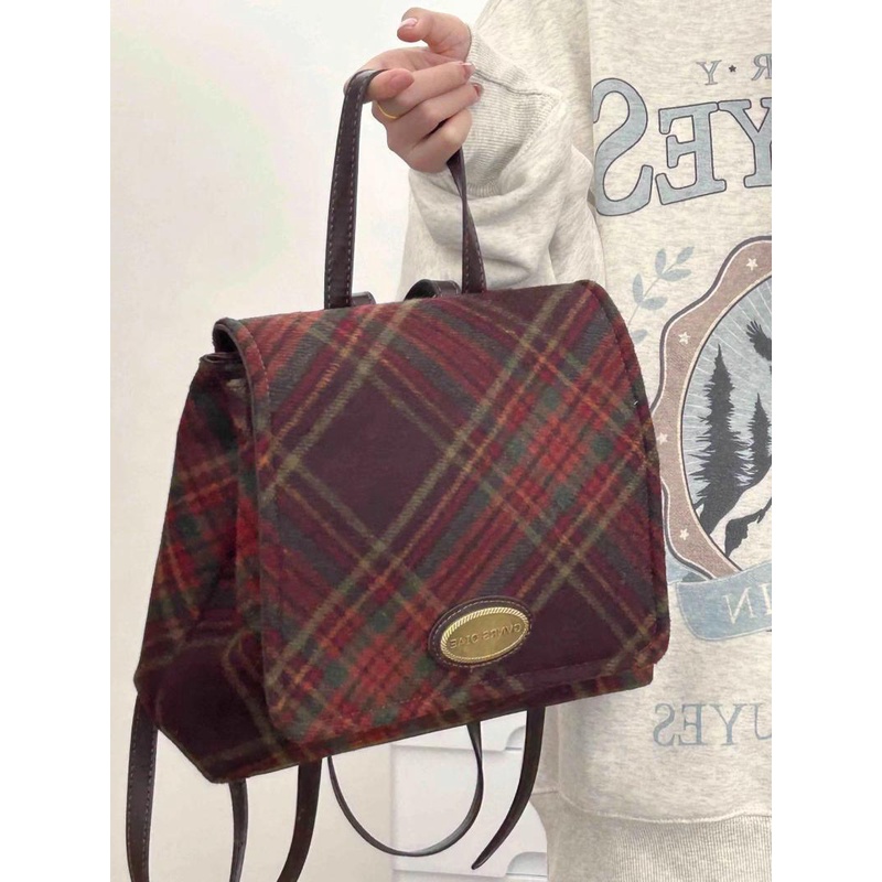 Ransel Kapasitas Besar Wanita lucu Tas Sekolah Retro Kotak-kotak Seratus Tas Bahu korea import fashi