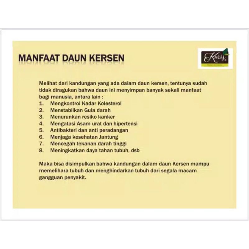 

Teh Daun Kersen - Teh Kerrs - Talok - Ceri - Teh - Kerrs Tea (Kemasan 20Pcs) - Teh Celup New