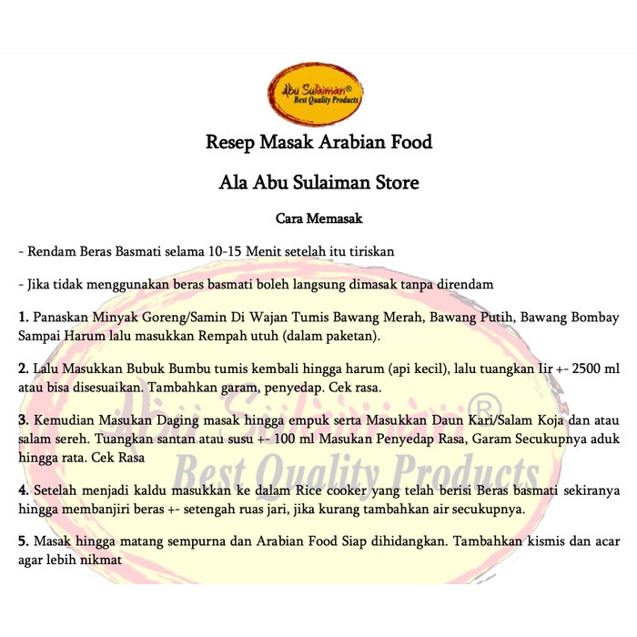 

Lebih Hematbumbu Kabsah Abu Sulaiman Untuk Ukuran 1 Liter