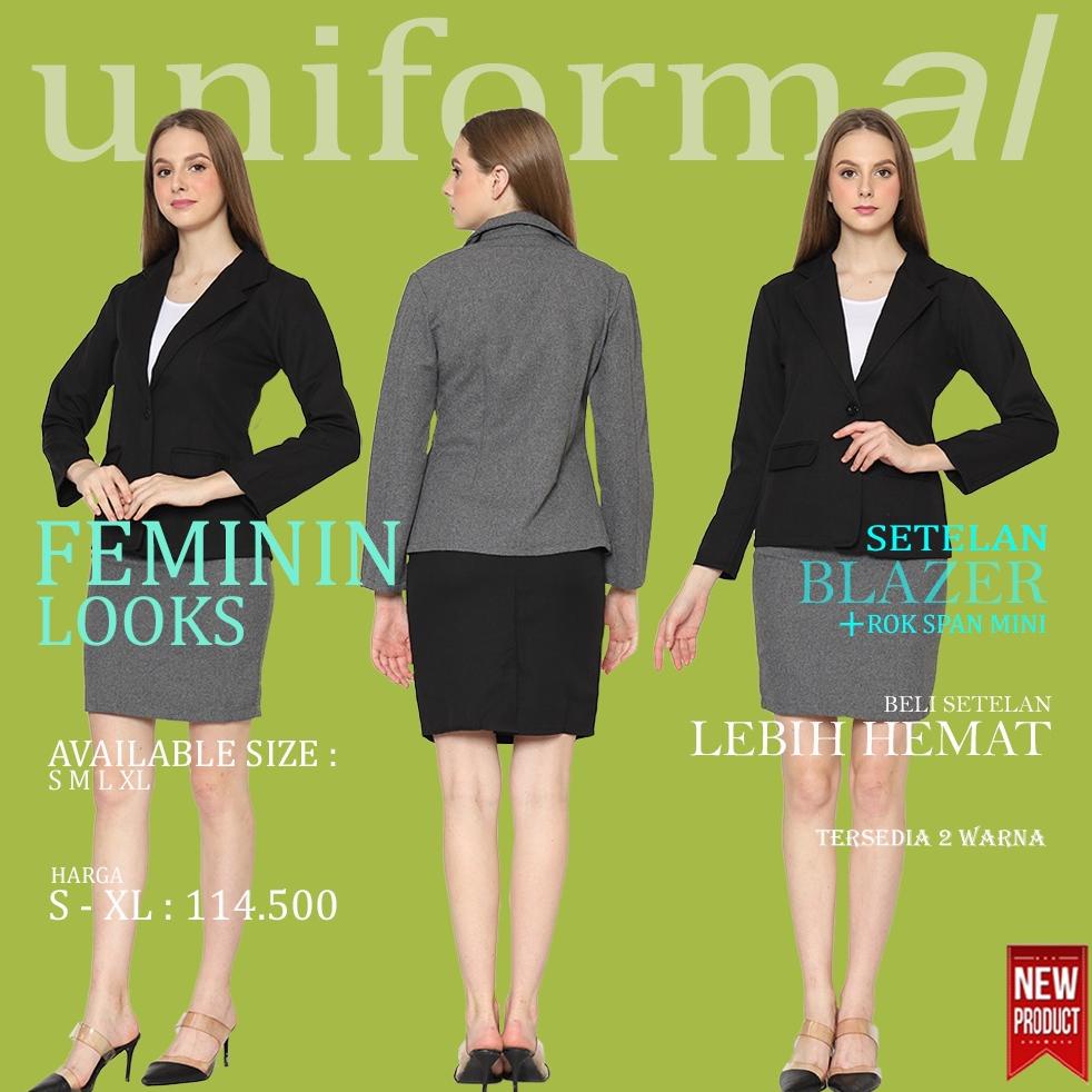 Wanita Polos Satu Set Setelan Blazer Formal Dan Rok Mini 3/4 Hitam Dan Abu Blezer Wanita Satu One Se