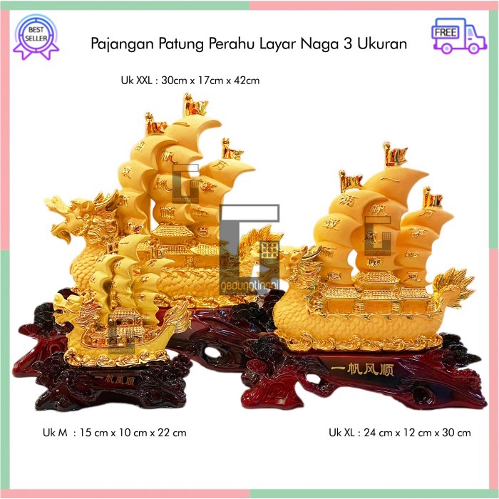 Patung Hiasan Pajangan Imlek Rejeki Shio Perahu Naga Emas Gold XL XXL