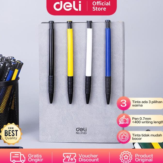 

Deli Pulpen Retractable 3 Warna 1Box isi 36Pcs hasil tinta tebal 6546