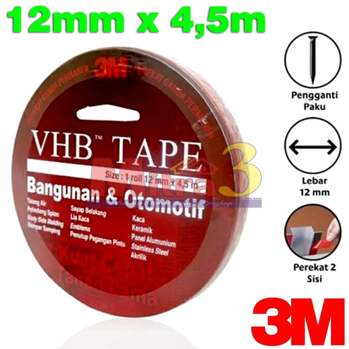 

Buruan beli] Double Tape 3M VHB Tape 12mm x 4,5m Bangunan & Otomotif ORIGINAL
