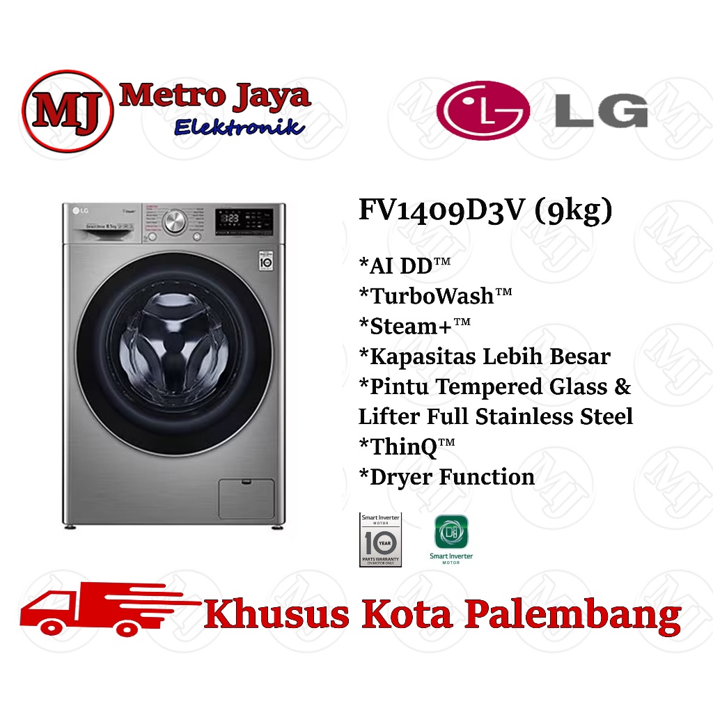 Mesin Cuci Front Loading LG FV1409D3V 9kg With Dryer Smart Inverter