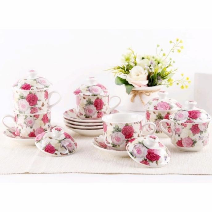 Promo Cangkir Set Keramik + Tutup | Capodimonte | Motif Shabby | Isi: Chaedorabel