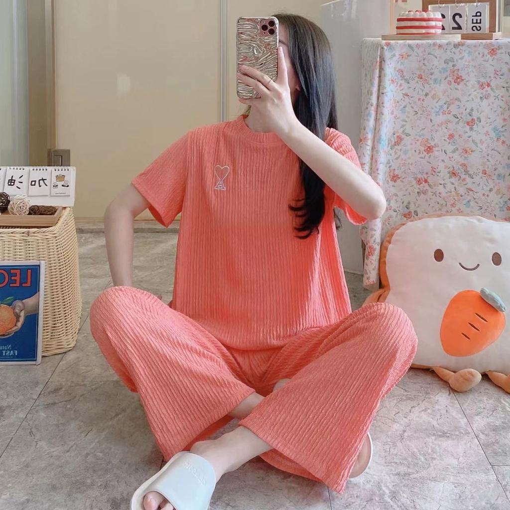 One Set Piyama Lengan Pendek Polos warna Coral