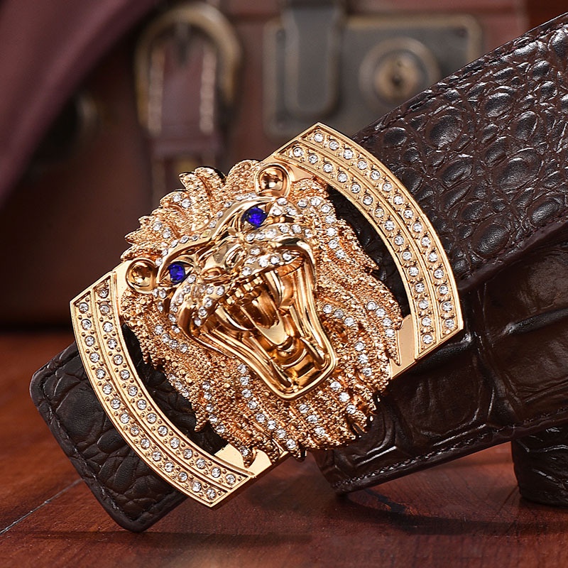 Sabuk Kulit Buaya Pria, Gesper Halus Kepala Singa Sabuk Kulit Sapi