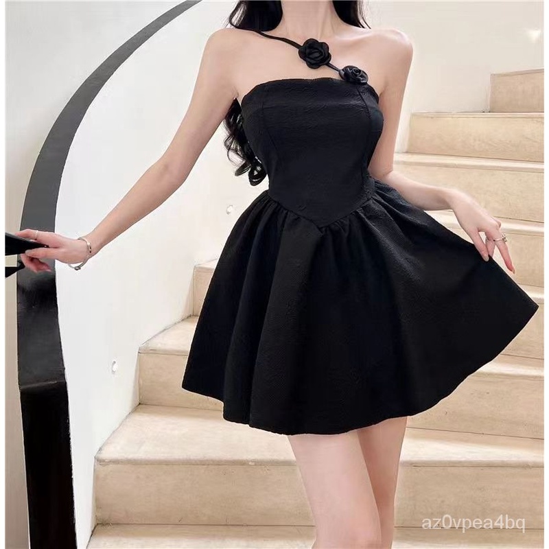 2023New Rose Oblique Sun-Top Dress Fitted High Waist Tube Top Vacation Puff Short Skirt Hepburn Blac