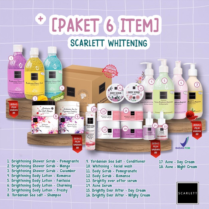 Body Scrub - (Paket 6 Pcs Scarlett) Body Lotion Shower Scrub Scarlett Whitening