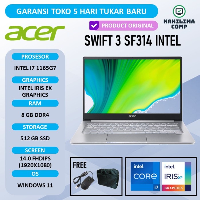 Laptop Acer Swift 3 14 Intel i7 Ram 8GB SSD 512GB Windows 11 Backlit