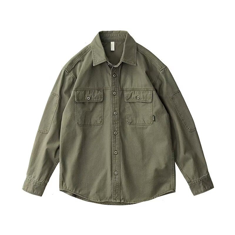 Kemeja kerja tebal, jaket kasual retro, kemeja hijau militer Amerika yang longgar