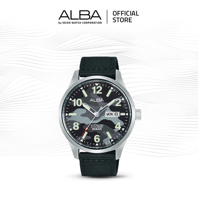 Alba Mechanical Jam Tangan Pria Field AL4273 / AL4273X1 Automatic Grey Army Camouflage Dial Black Ny