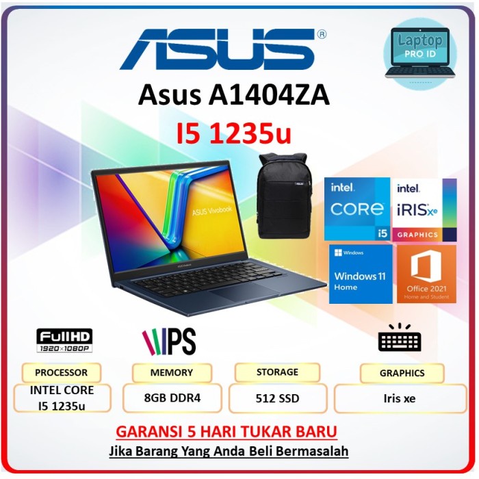 LAPTOP Asus Vivobook Core i5 RAM 8GB 512SSD Iris Xe Win11+OHS 14"FHD