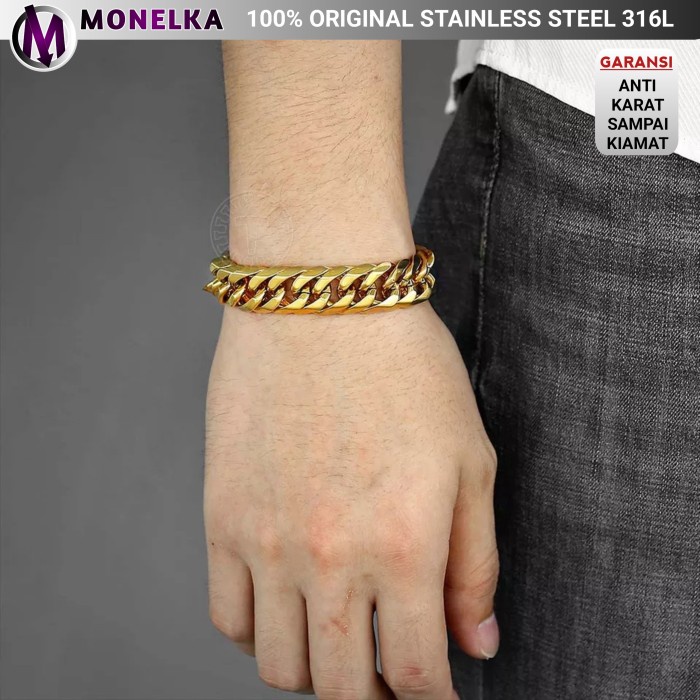 Gelang - Monelka - Gelang Pria Cowok Titanium 316L Ori Rantai Emas Gold Besar