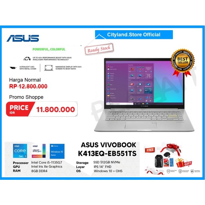 Asus VivoBook k413EQ-EB551TS Intel Core i5-1135G7 8GB/512GB NVMe Win10