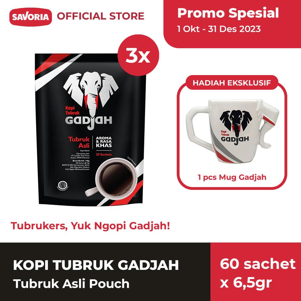 

Ready Kopi Tubruk Gadjah Asli Pouch 60 Sachet x 6.5g Gratis Mug