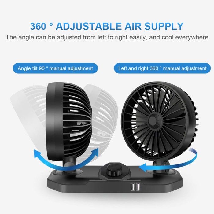 12V/24V/5V Car Cooling Fan Dual Head Mini Car Fan 360 Degree Rotary