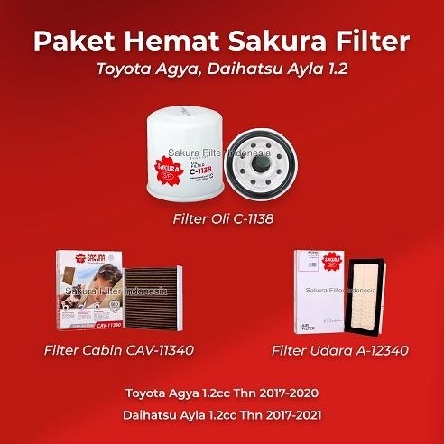 DISKON Paket Hemat Sakura Filter Agya, Ayla 1.2cc Tahun 2017-2021 (Filter Udara, Cabin, Oli)