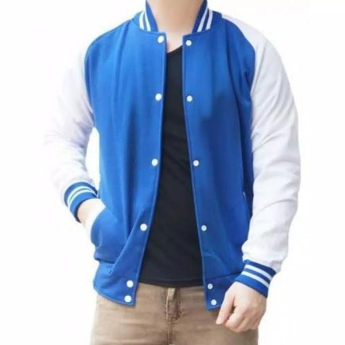NEW PRODUK JAKET VARSITY BASEBALL BIRU LENGAN - PUTIH PRIA / WANITA 