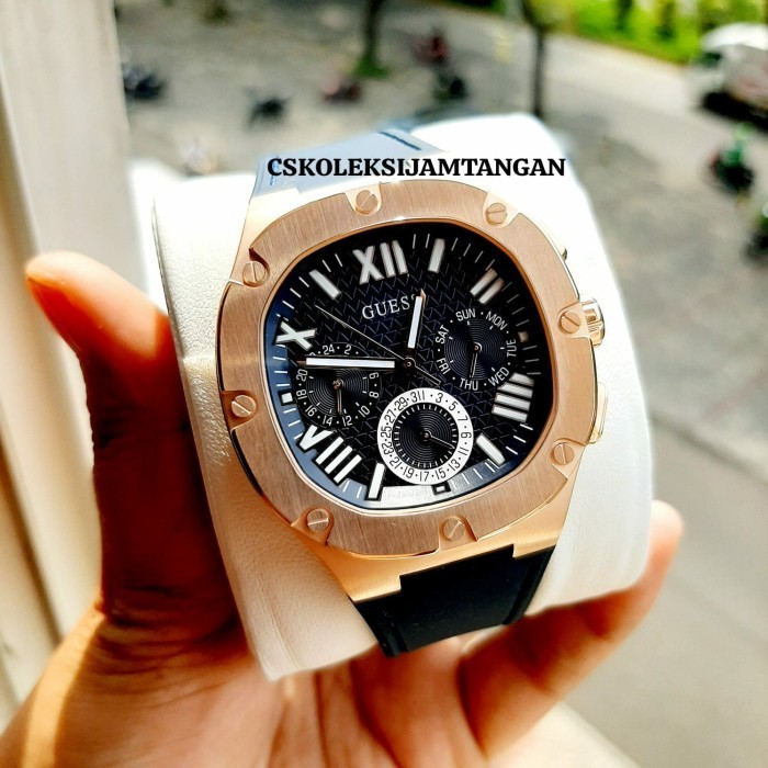 ✅Original Jam Tangan Pria Guess Gw0571G2 Headline Rosegold Blue Rubber Original Diskon
