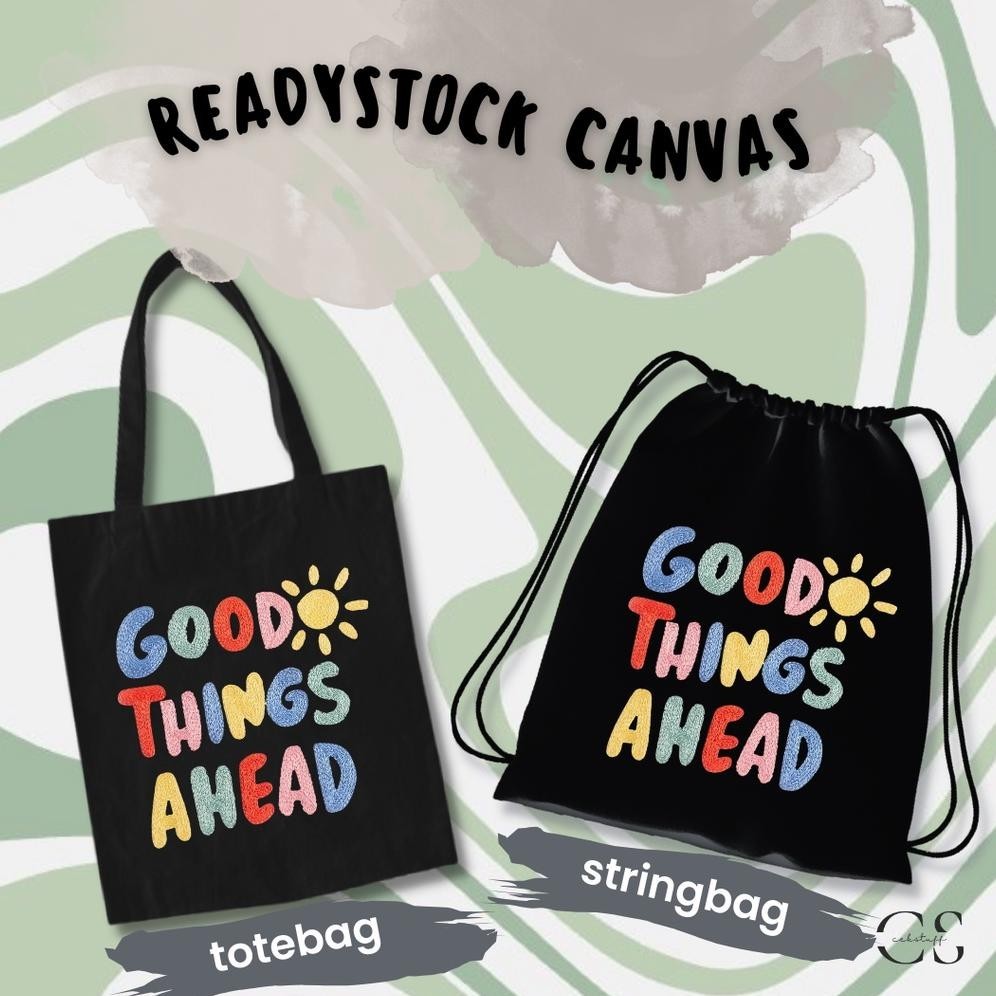 *Promo* (30X40) Totebag Hitam & Stringbag Good Things / Tas Serut Satuan / Totebag Aesthetic Murah /