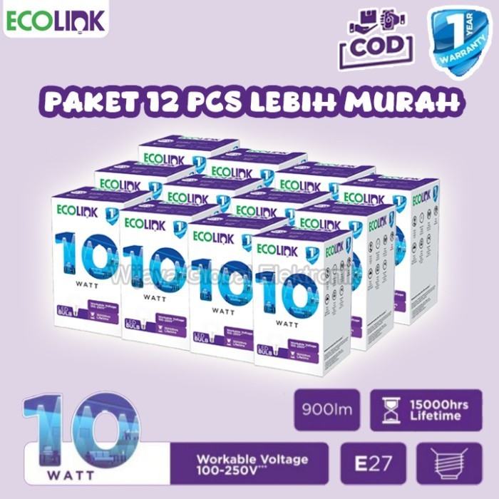 Paket 12 Pcs Lampu LED Bohlam Ecolink 10W W Watt Garansi 1 Tahun