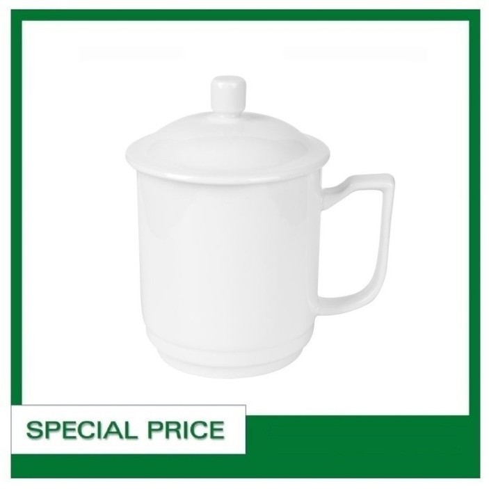 MUG GELAS TUTUP HOME LINE KERAMIK PORSELEN 500 ML PUTIH POLOS