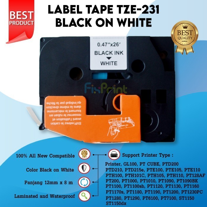Label Tape Tze-231 12Mm White Printer Pt-D210 Pt-D410 Pt-H500 H100 Best