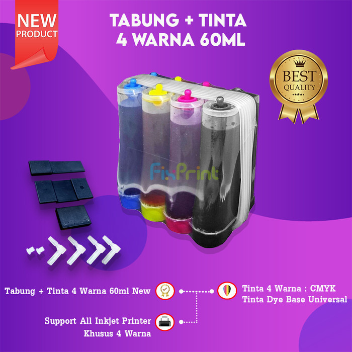 Tabung + Tinta Printer Infus Universal 4 Warna 60Ml Ink Tank Set 4 Best