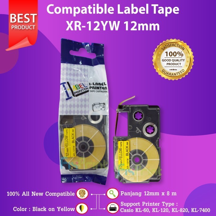 Label Tape 12Mm Xr-12Yw1 Printer Casio Kl820 Kl7400 Black On Yellow Best