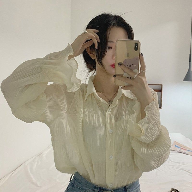 Kemeja Wanita Lengan Panjang, Blus Sifon Longgar Ukuran Besar