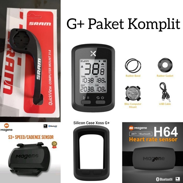 Paket Xoss G+,Magene Speed/Cadence,Magene Heart,Barfly Sram,Sillicon