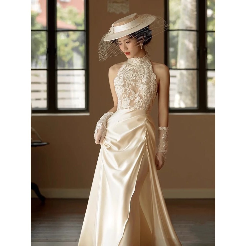 Korean-Style Light Wedding Dress Mori Style Bride Light Luxury High-Grade Lace Satin Dress