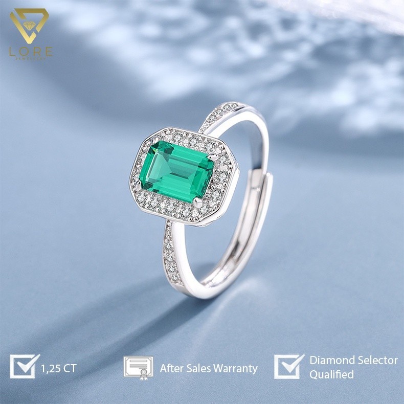 LORE JEWELLERY -  Emerald Green Moissanite Ring 18K White Gold Plated - Cincin Moissanite Green Lapi