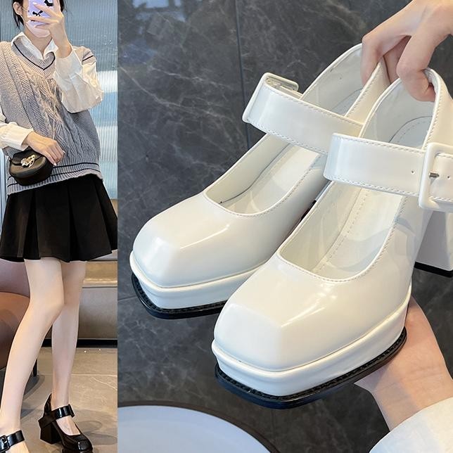 [Resto 9 Feb.] Sepatu Hak Tinggi Tahu Wanita Terbaru Korea Hitam Tali Gesper Big Size Pointed Toe Bl